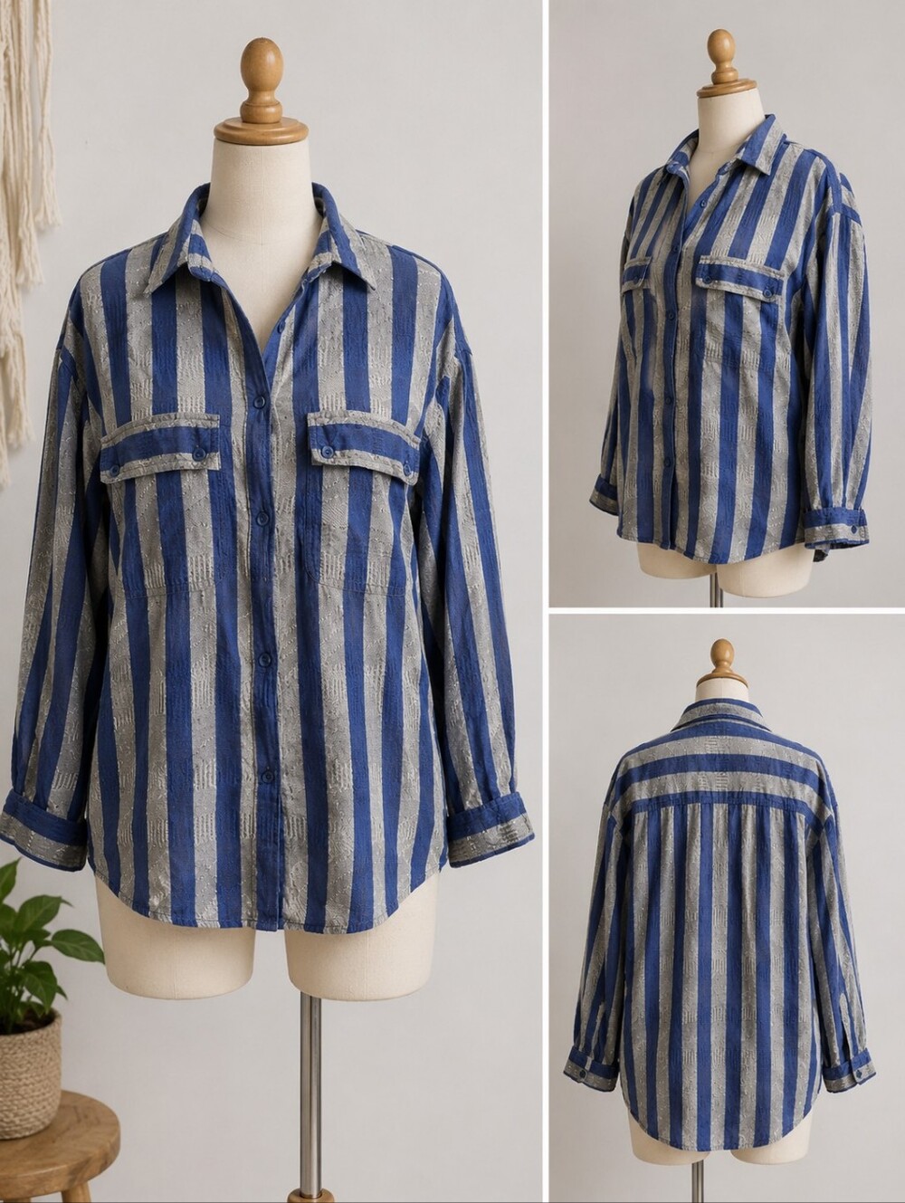 Vintage 90s Striped Boho Shirt Oversized Festival Grunge Cotton